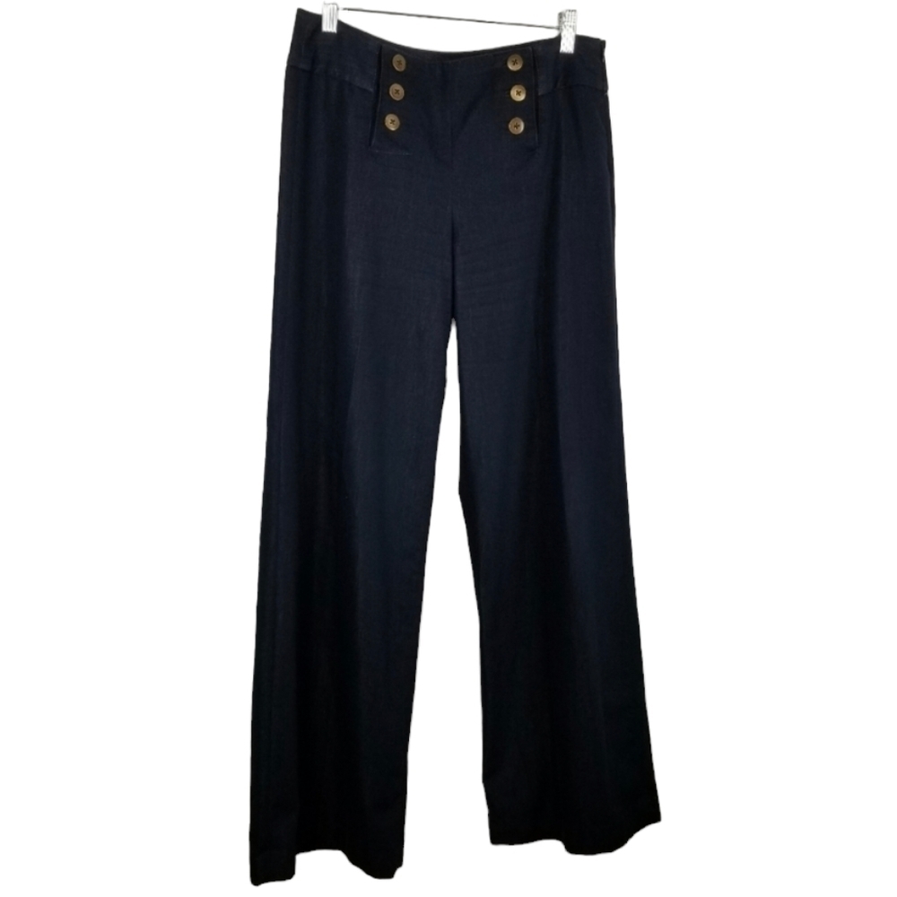 Nautical Wide Leg Pants Denim Stretch Faux Gold Button Blue Lightweight Size 6